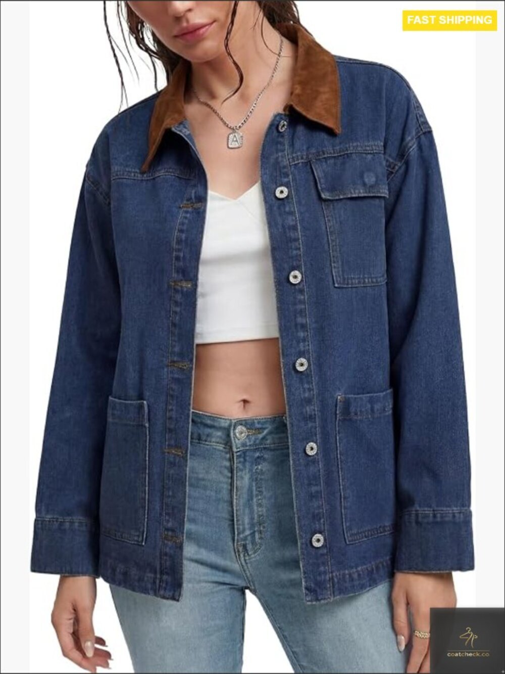 Oversized Denim Jacket Trendy Button Up Long Sleeve Faux Suede Collar Barn Coat